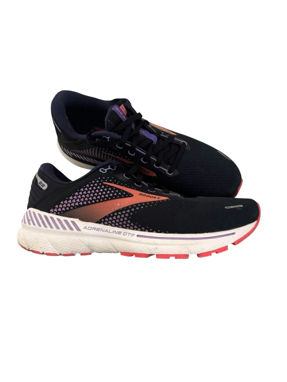 Brooks Adrenaline GTS 22 running shoes in a black, purple, andcoral women sz 11M